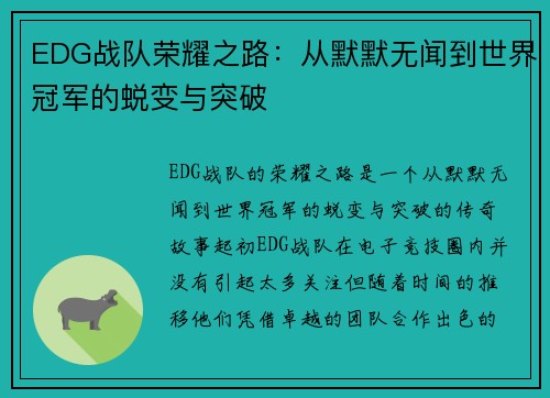 EDG战队荣耀之路：从默默无闻到世界冠军的蜕变与突破